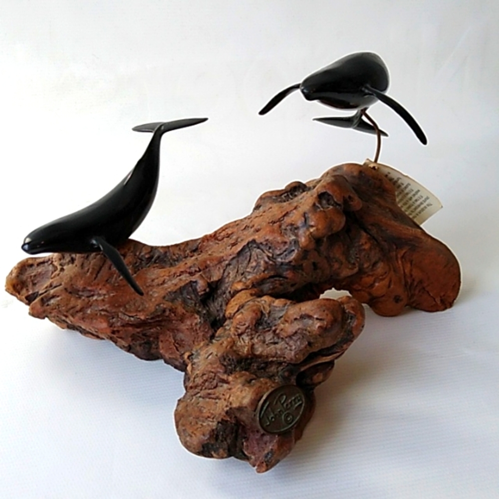 Vintage John Perry Studio Two Black Humpback Whale Sculpture Pellucida Driftwood
